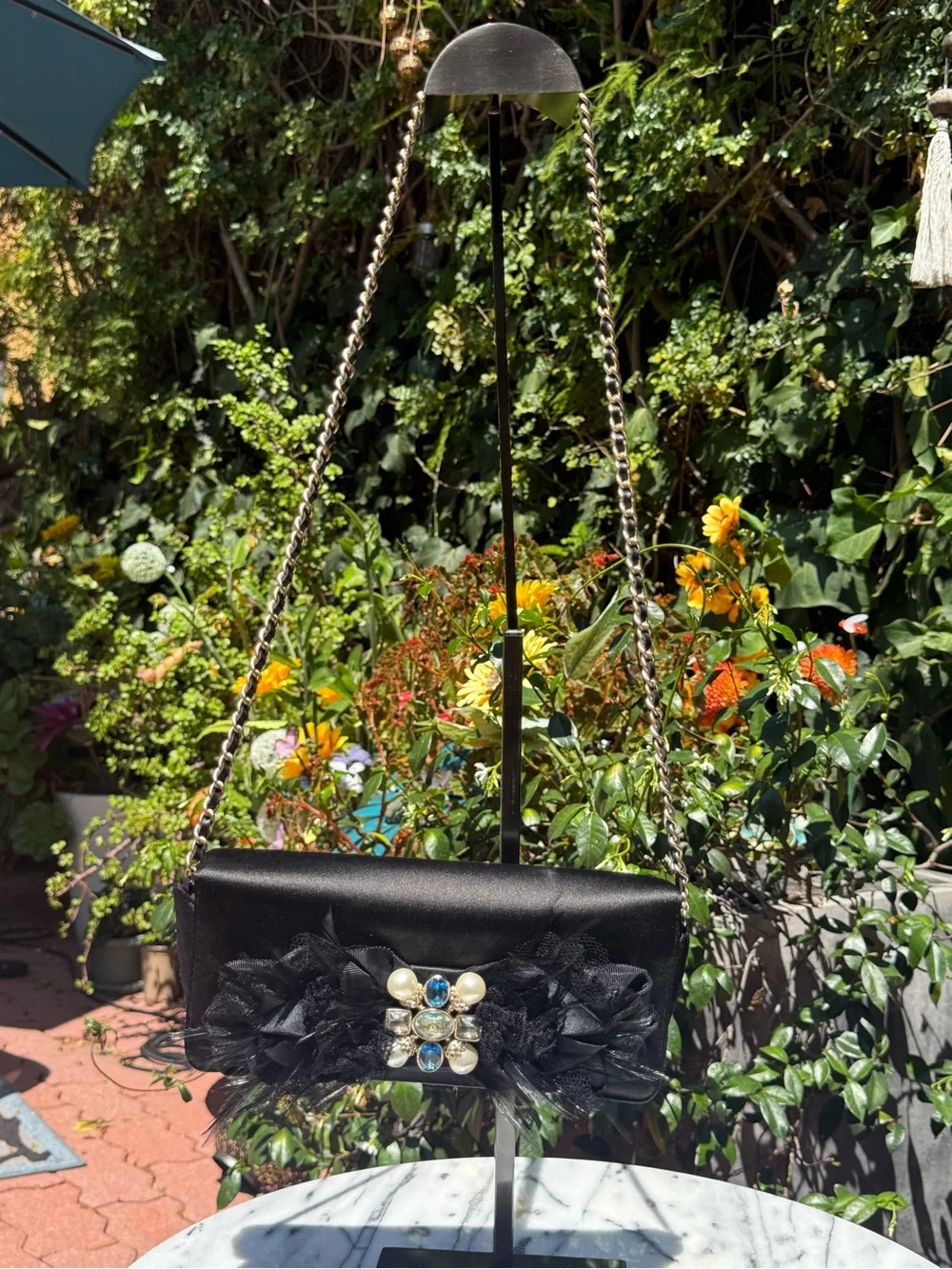 NWT Chanel Pearl, Feathers and Jewel Embellished Black Satin Evening Clutch